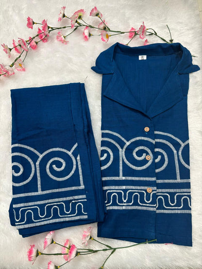 Cotton Slub Embroidered Co-ord Set for Women | Top & Palazzo with Side Pocket