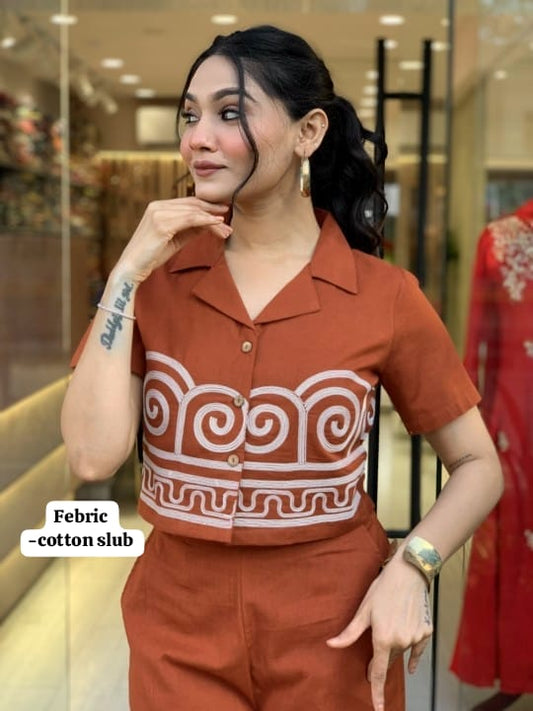Cotton Slub Embroidered Co-ord Set for Women | Top & Palazzo with Side Pocket