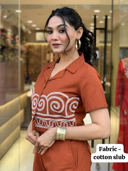 Cotton Slub Embroidered Co-ord Set for Women | Top & Palazzo with Side Pocket