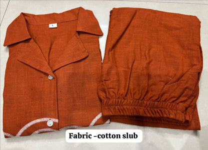 Cotton Slub Embroidered Co-ord Set for Women | Top & Palazzo with Side Pocket