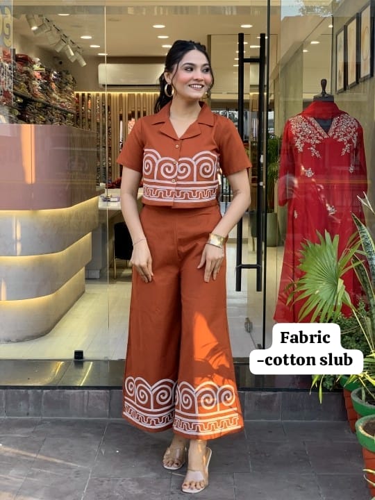 Cotton Slub Embroidered Co-ord Set for Women | Top & Palazzo with Side Pocket