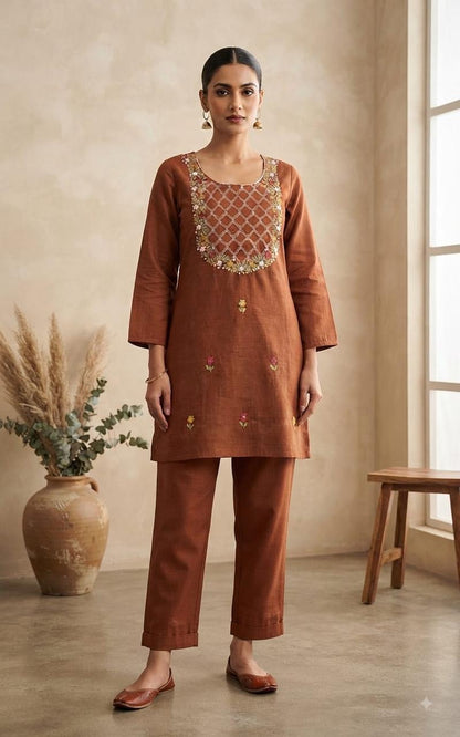 Cotton Slub Embroidered Co-Ord Set | Top & Pant 2-Piece Set