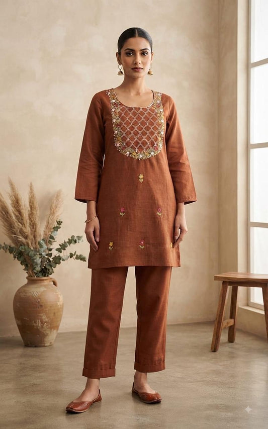 Cotton Slub Embroidered Co-Ord Set | Top & Pant 2-Piece Set