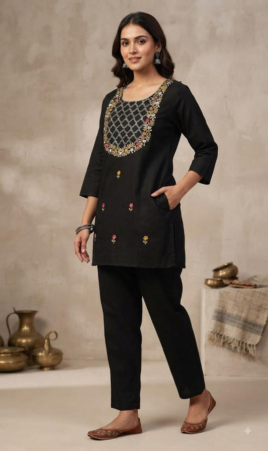 Cotton Slub Embroidered Co-Ord Set | Top & Pant 2-Piece Set