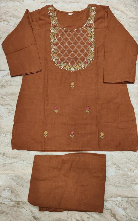 Cotton Slub Embroidered Co-Ord Set | Top & Pant 2-Piece Set