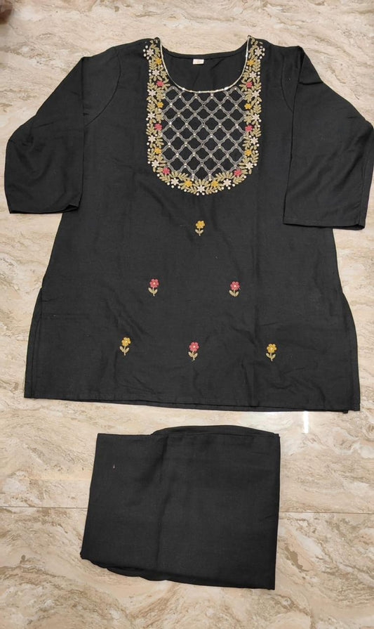 Cotton Slub Embroidered Co-Ord Set | Top & Pant 2-Piece Set