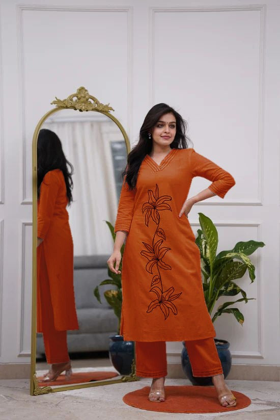 Cotton Slub Embroidered Kurta Pant Set for Women