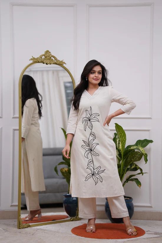 Cotton Slub Embroidered Kurta Pant Set for Women