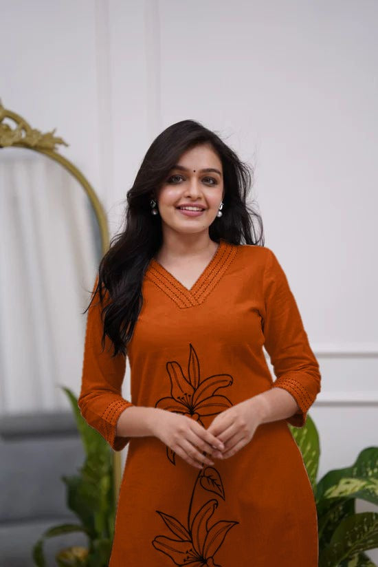 Cotton Slub Embroidered Kurta Pant Set for Women
