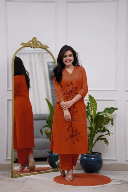 Cotton Slub Embroidered Kurta Pant Set for Women