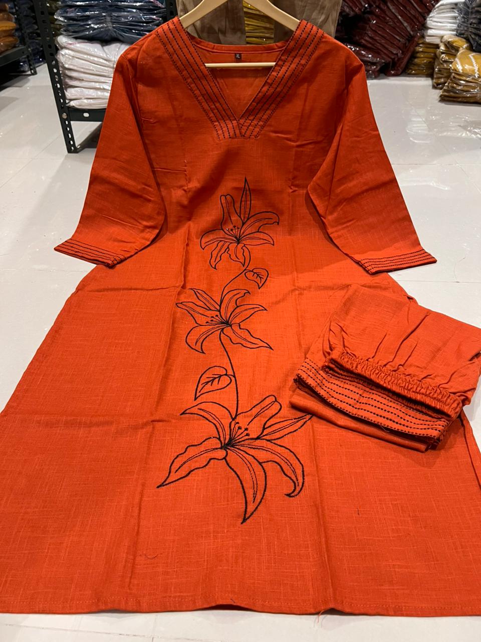 Cotton Slub Embroidered Kurta Pant Set for Women
