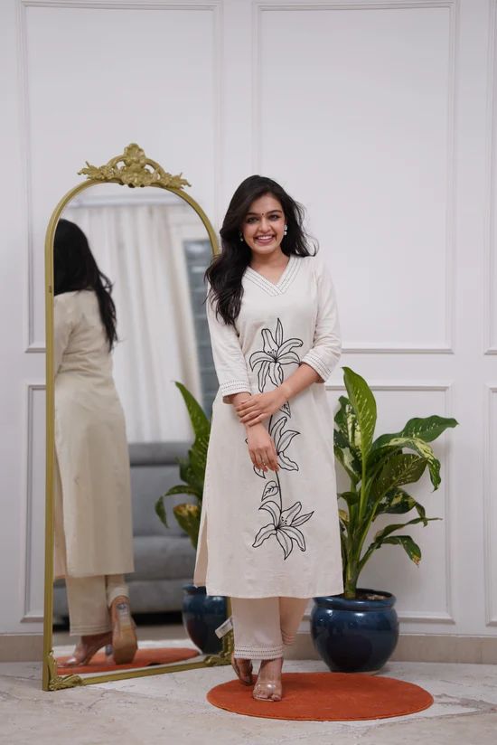 Cotton Slub Embroidered Kurta Pant Set for Women
