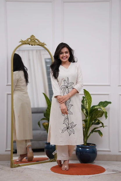 Cotton Slub Embroidered Kurta Pant Set for Women