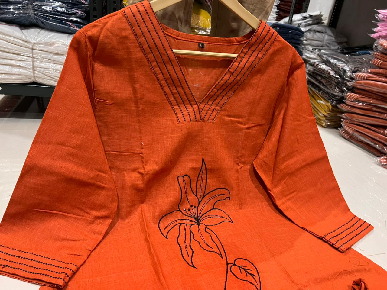 Cotton Slub Embroidered Kurta Pant Set for Women