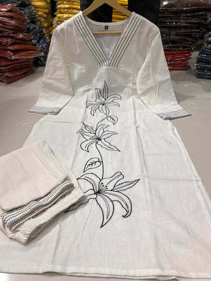 Cotton Slub Embroidered Kurta Pant Set for Women