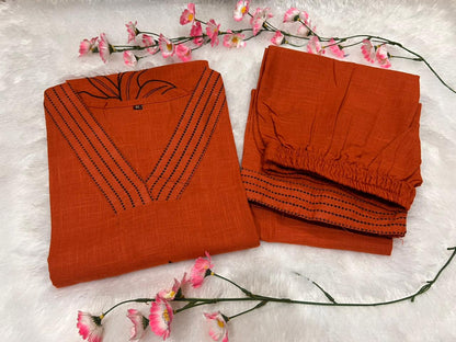 Cotton Slub Embroidered Kurta Pant Set for Women