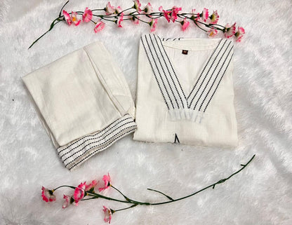 Cotton Slub Embroidered Kurta Pant Set for Women