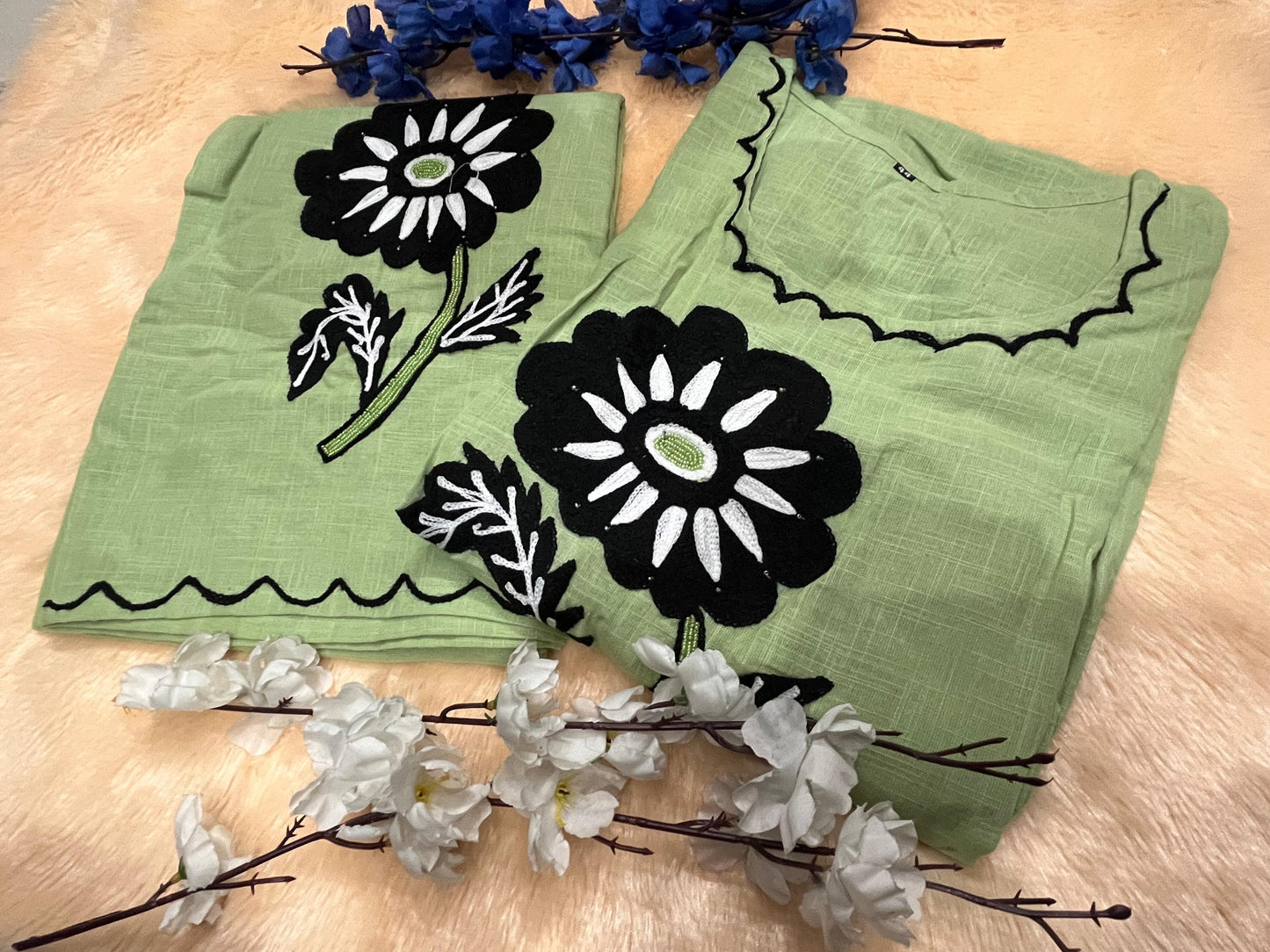 Cotton Slub Embroidered Kurti Pant Cord Set with Adda Beads Work