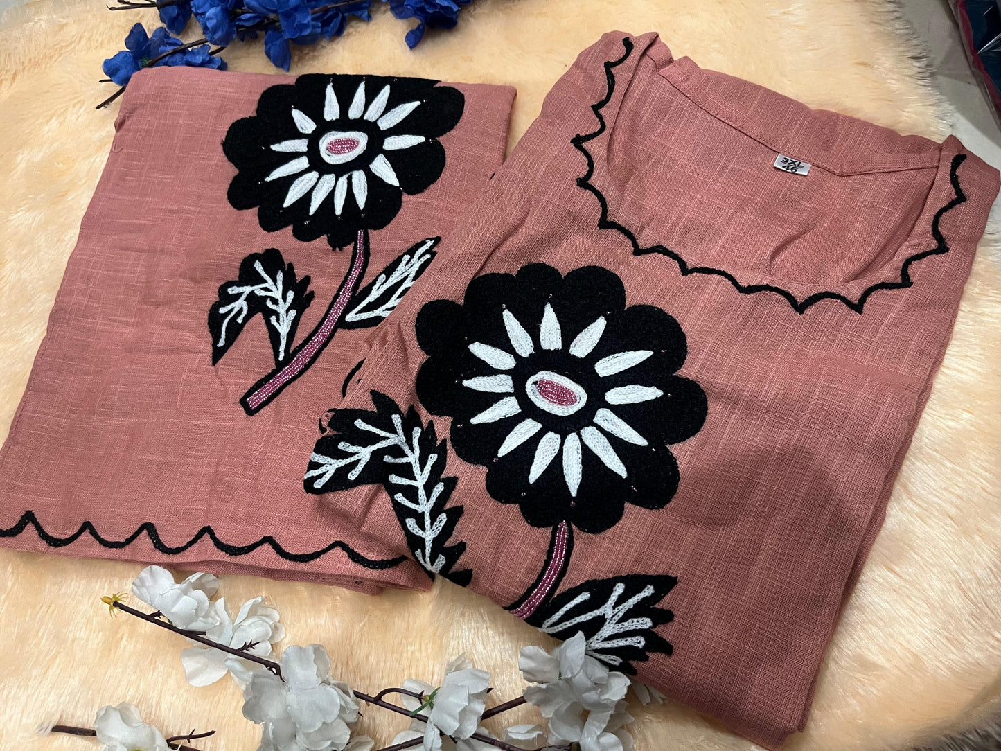 Cotton Slub Embroidered Kurti Pant Cord Set with Adda Beads Work