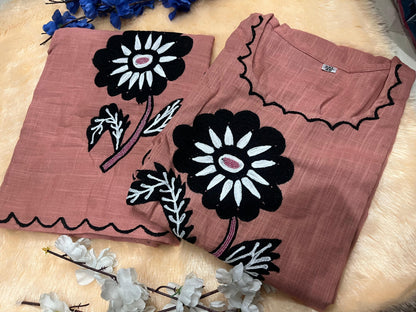 Cotton Slub Embroidered Kurti Pant Cord Set with Adda Beads Work