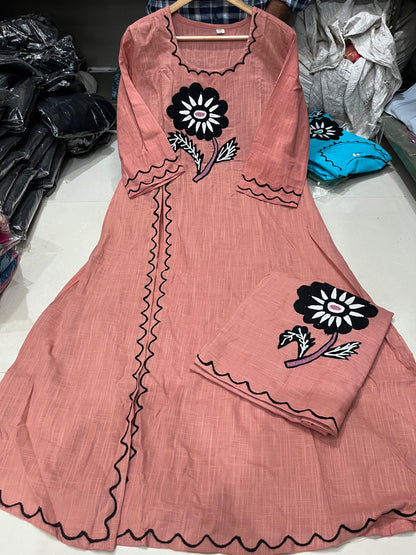 Cotton Slub Embroidered Kurti Pant Cord Set with Adda Beads Work