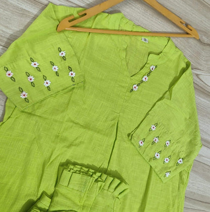 Cotton Slub Embroidered Kurti Pant Cord Set