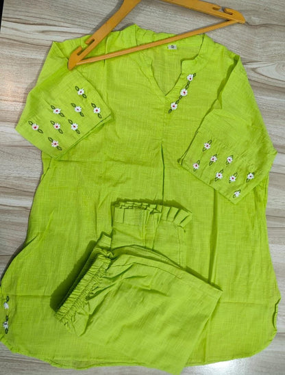 Cotton Slub Embroidered Kurti Pant Cord Set
