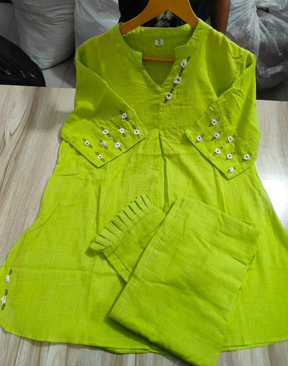 Cotton Slub Embroidered Kurti Pant Cord Set