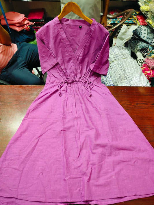 Cotton Slub Kurti Dress with Dori Design & Side Pocket for Women