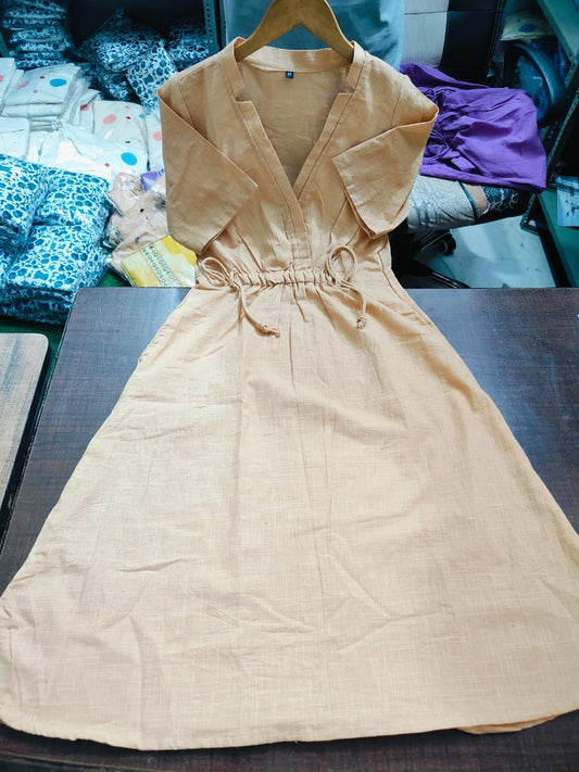 Cotton Slub Kurti Dress with Dori Design & Side Pocket for Women