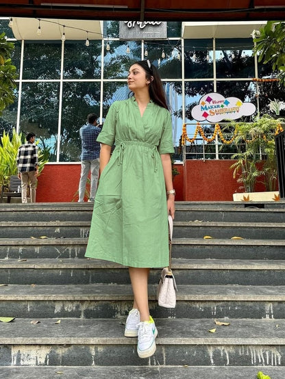Cotton Slub Kurti Dress with Dori Tassels & Side Pocket