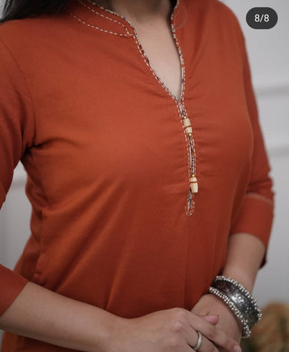 Cotton Slub Kurti Pant Dupatta Set with Katha Thread Work & Chanderi Digital Print Dupatta