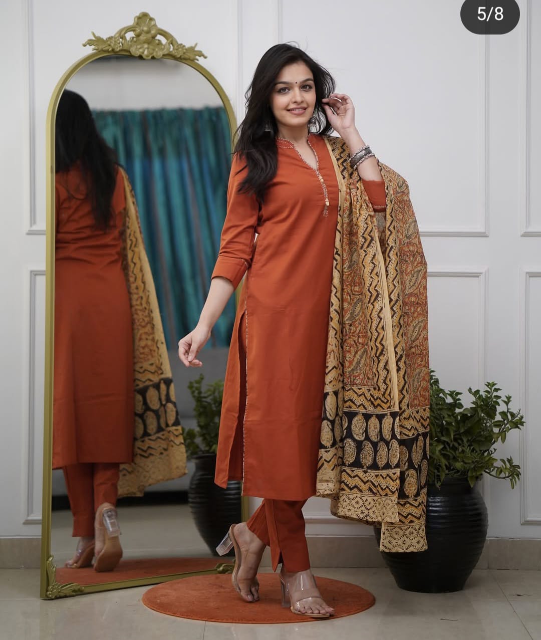 Cotton Slub Kurti Pant Dupatta Set with Katha Thread Work & Chanderi Digital Print Dupatta