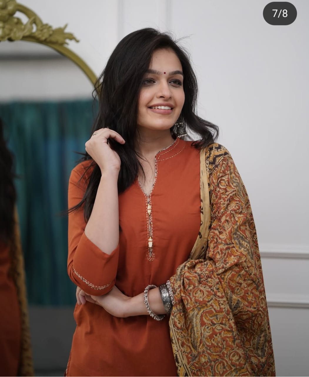 Cotton Slub Kurti Pant Dupatta Set with Katha Thread Work & Chanderi Digital Print Dupatta