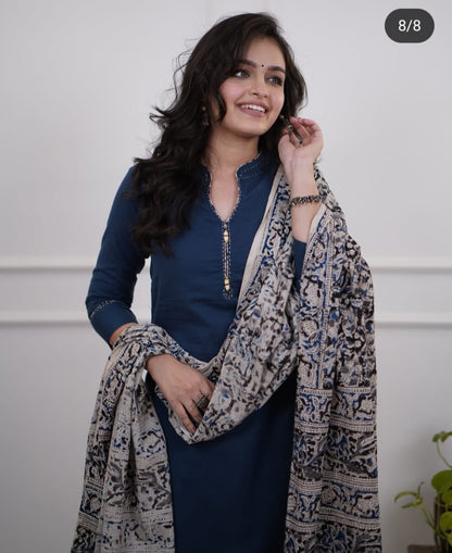 Cotton Slub Kurti Pant Dupatta Set with Katha Thread Work & Chanderi Digital Print Dupatta