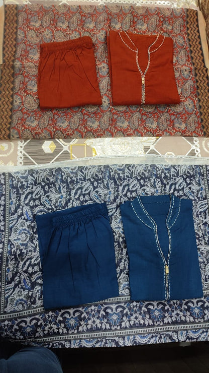 Cotton Slub Kurti Pant Dupatta Set with Katha Thread Work & Chanderi Digital Print Dupatta