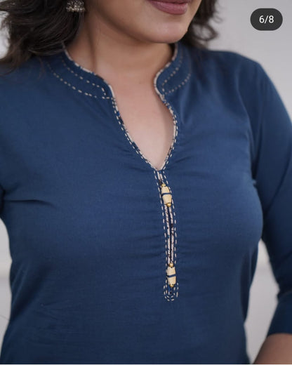 Cotton Slub Kurti Pant Dupatta Set with Katha Thread Work & Chanderi Digital Print Dupatta