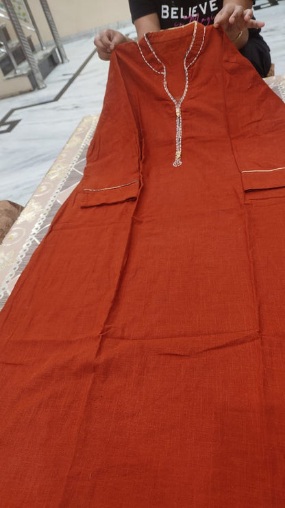 Cotton Slub Kurti Pant Dupatta Set with Katha Thread Work & Chanderi Digital Print Dupatta