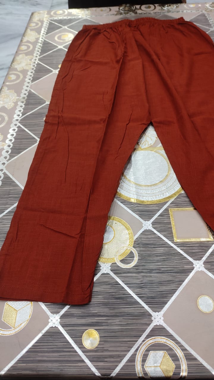 Cotton Slub Kurti Pant Dupatta Set with Katha Thread Work & Chanderi Digital Print Dupatta