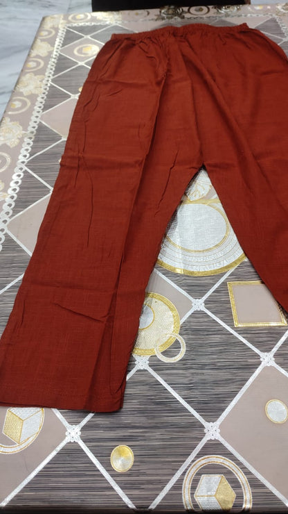 Cotton Slub Kurti Pant Dupatta Set with Katha Thread Work & Chanderi Digital Print Dupatta