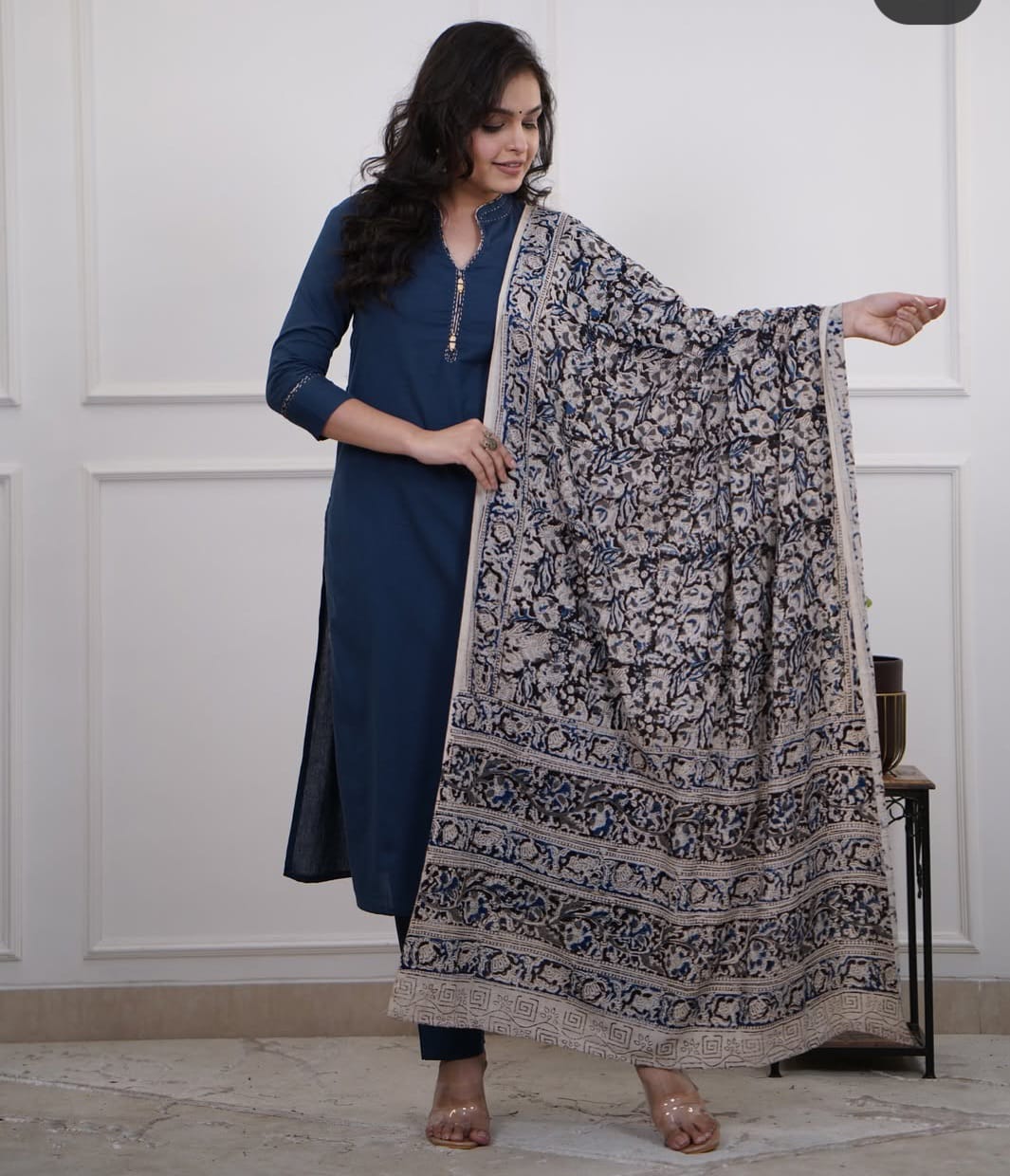 Cotton Slub Kurti Pant Dupatta Set with Katha Thread Work & Chanderi Digital Print Dupatta