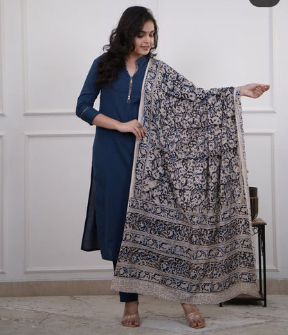 Cotton Slub Kurti Pant Dupatta Set with Katha Thread Work & Chanderi Digital Print Dupatta