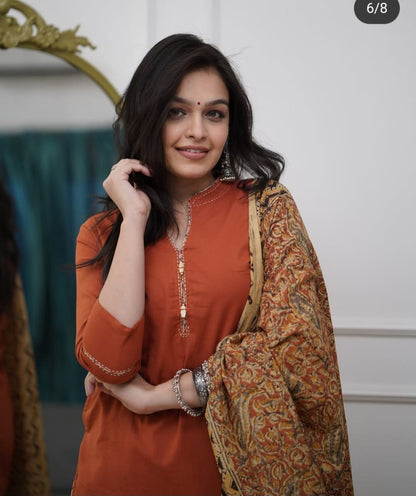 Cotton Slub Kurti Pant Dupatta Set with Katha Thread Work & Chanderi Digital Print Dupatta