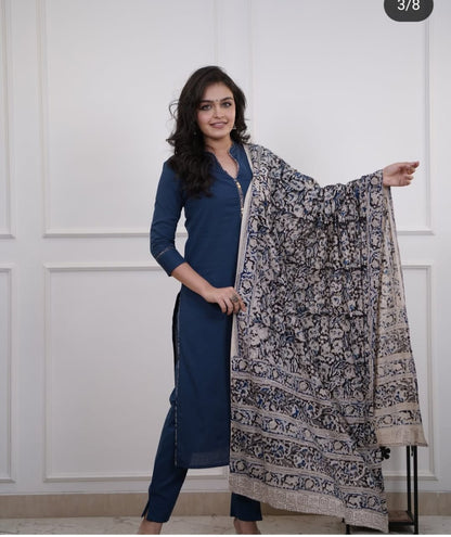 Cotton Slub Kurti Pant Dupatta Set with Katha Thread Work & Chanderi Digital Print Dupatta