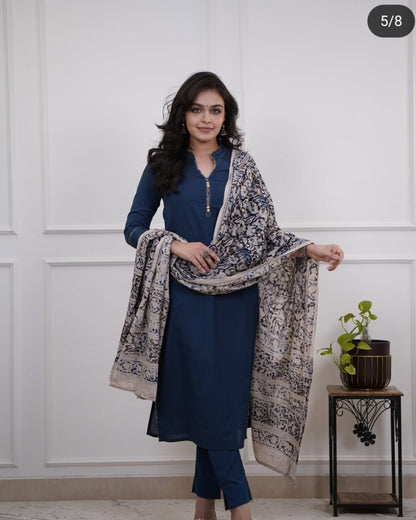 Cotton Slub Kurti Pant Dupatta Set with Katha Thread Work & Chanderi Digital Print Dupatta