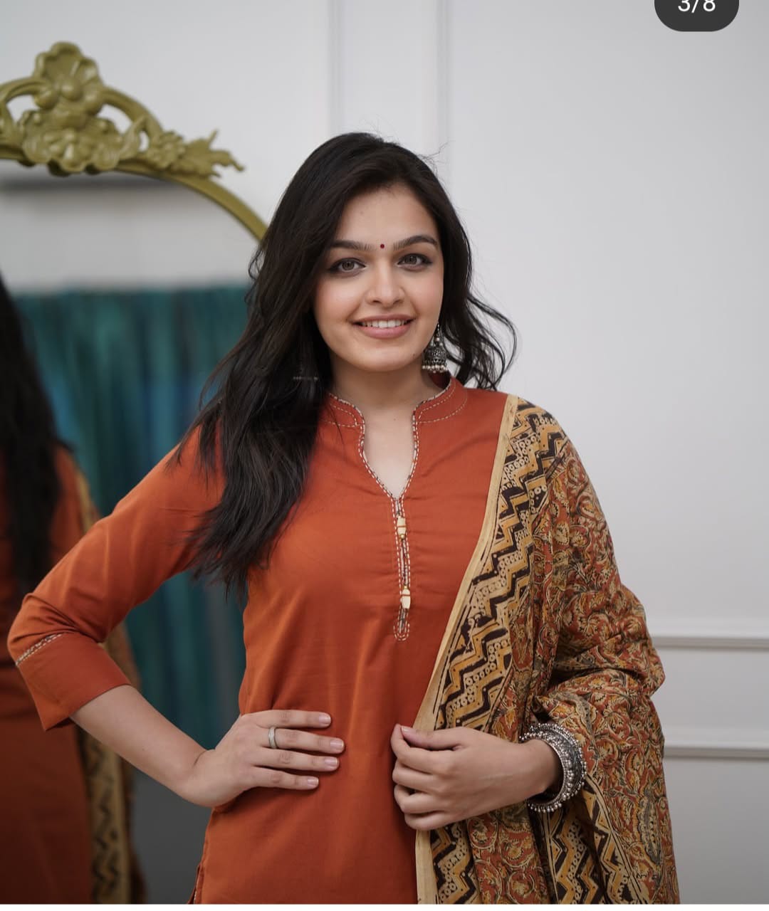 Cotton Slub Kurti Pant Dupatta Set with Katha Thread Work & Chanderi Digital Print Dupatta