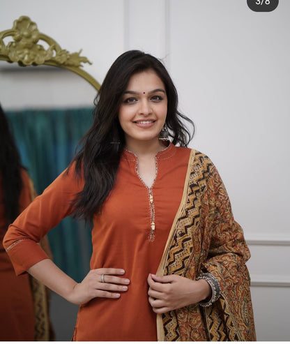 Cotton Slub Kurti Pant Dupatta Set with Katha Thread Work & Chanderi Digital Print Dupatta