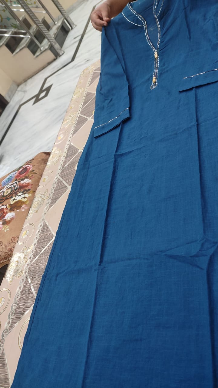 Cotton Slub Kurti Pant Dupatta Set with Katha Thread Work & Chanderi Digital Print Dupatta