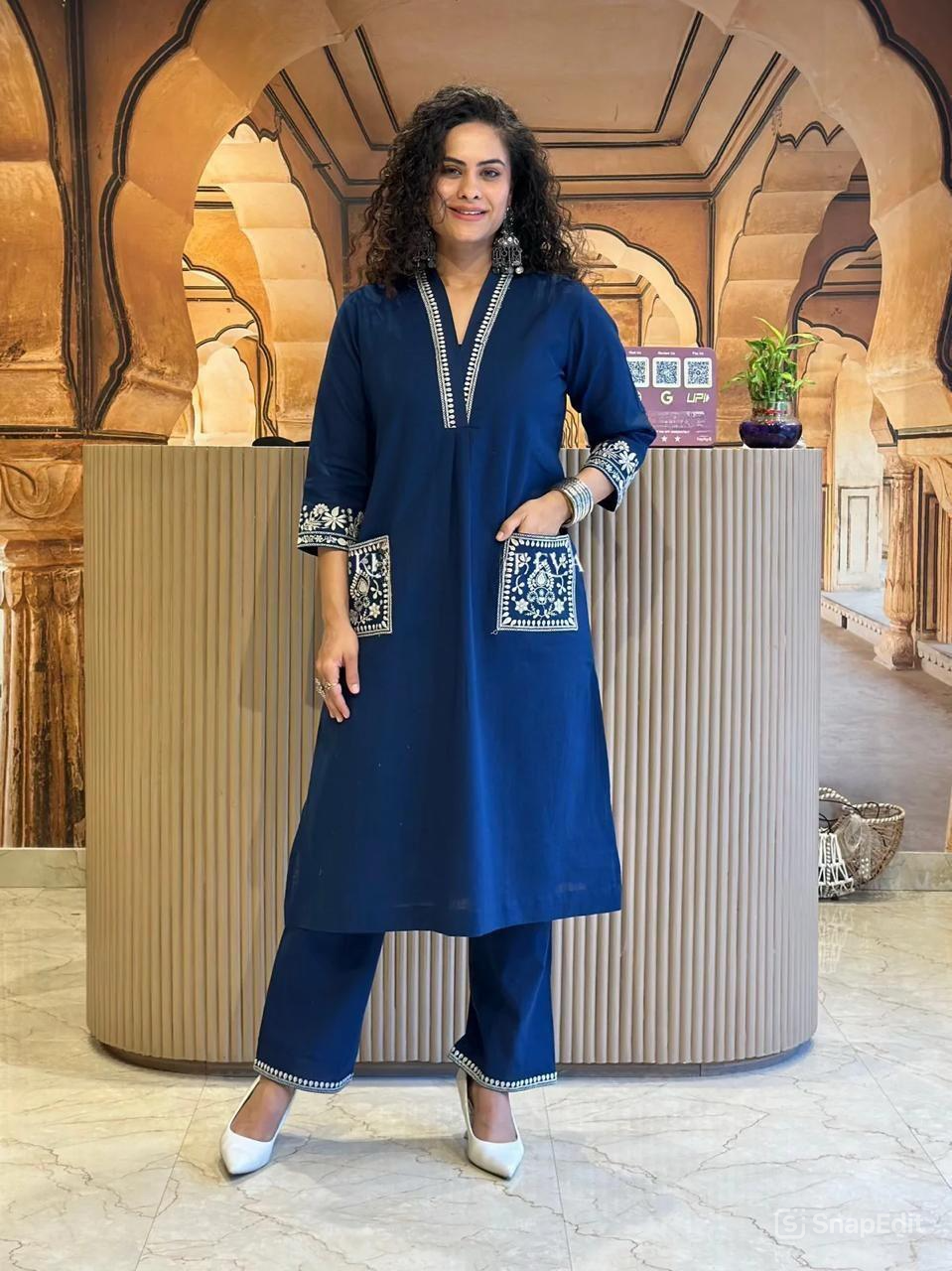 Cotton Slub Kurti Pant Set with Embroidered Pockets