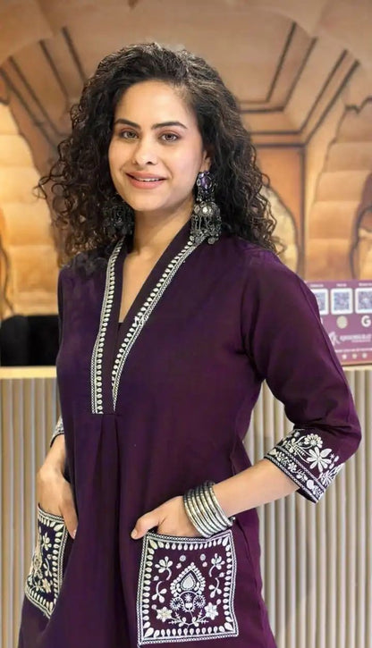 Cotton Slub Kurti Pant Set with Embroidered Pockets